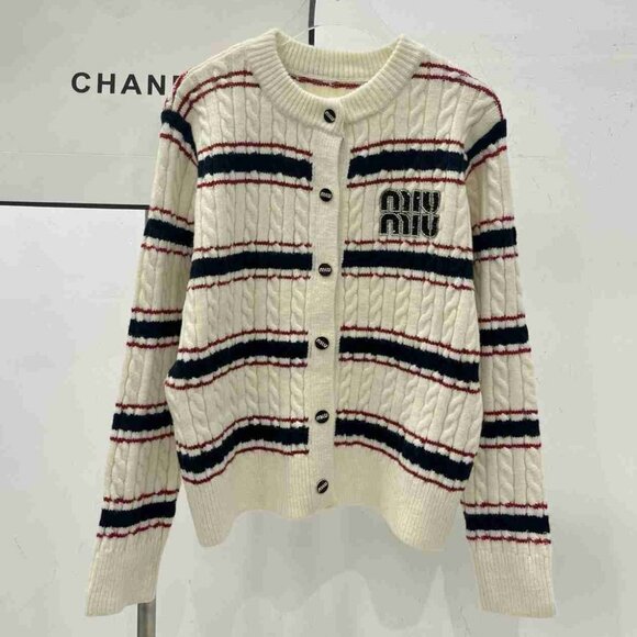 Miu Miu Women's Cream and Black Striped Cardigan - Picture 1 of 5
